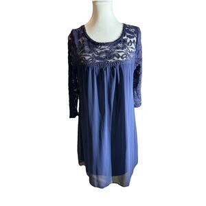 Navy Blue Lace Chiffon Babydoll Dress‎ Sheer Sleeves Coquette Fairycore Size L